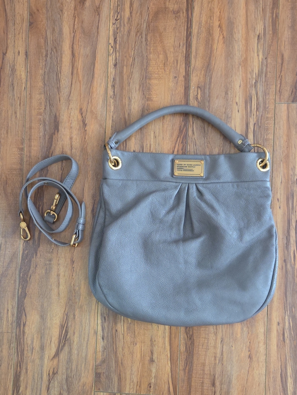 Gray Leather Shoulder Bag with Gold Hardware